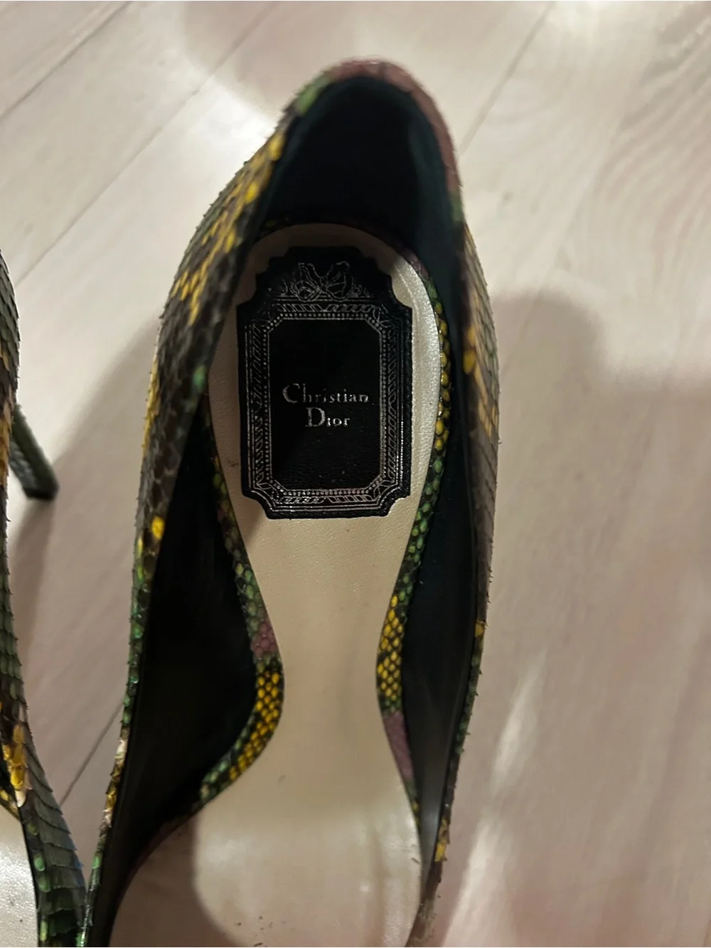 Dior Multicolor Snakeskin Pointed Toe Pumps in Yellow, Green & Pink. Size 38